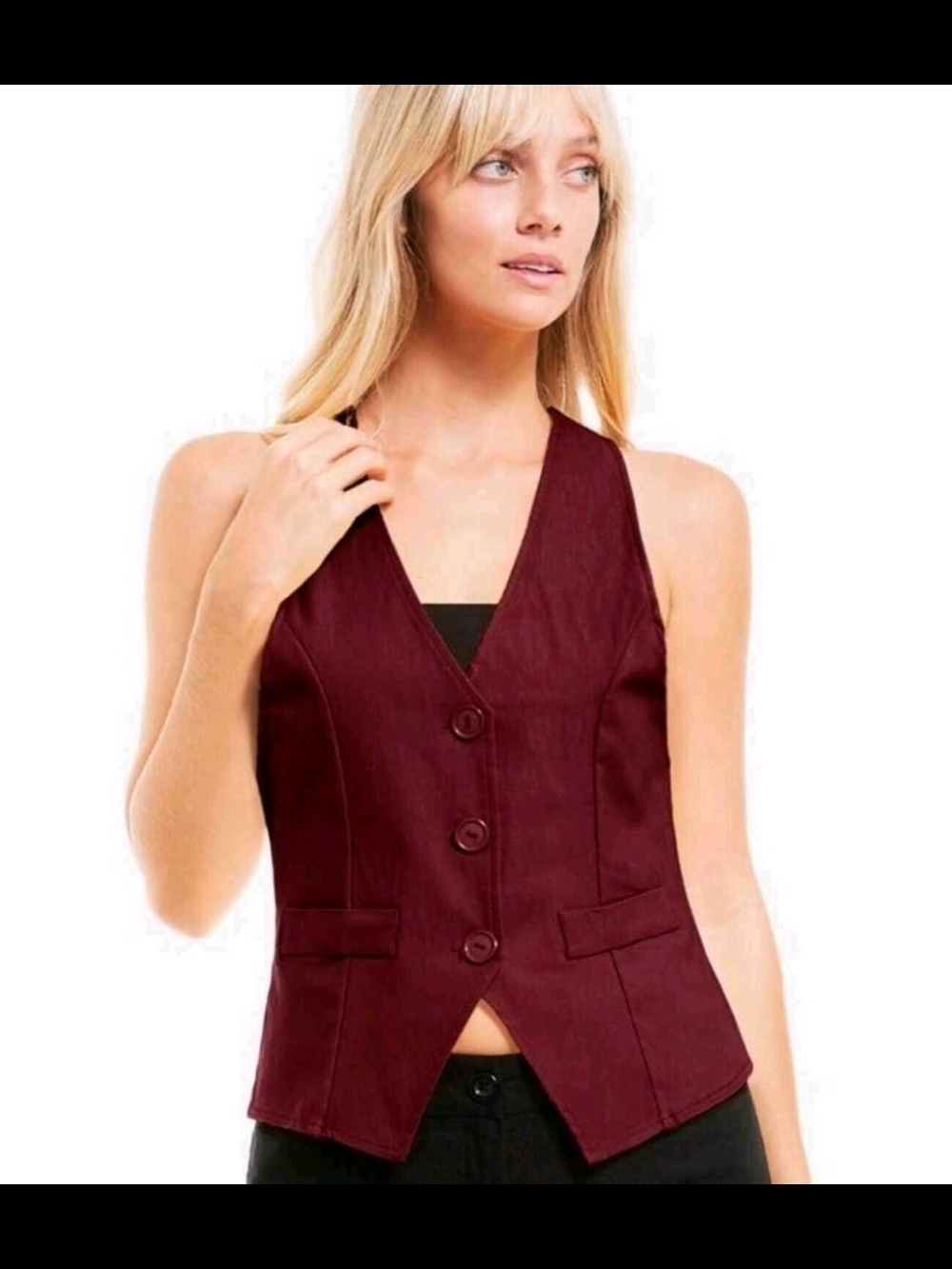 Women’s Burgundy Button-Front Vest - Classic Tailored Style